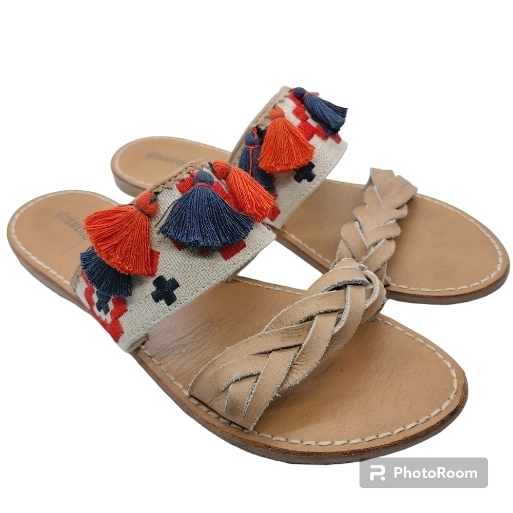 Soludos Embroidered Tassel Slide On Flat Sandals Sz 9 Beachy Boho Casual Picnic
